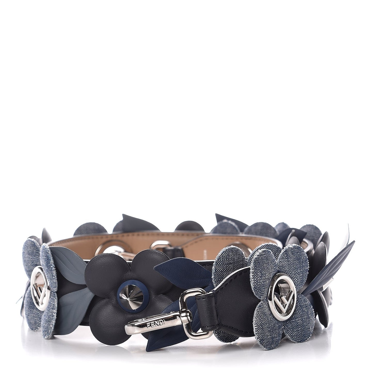 Vitello Century Denim F is Fendi Bi-Color Floral Studded Strap You Blue Notte Cuoio