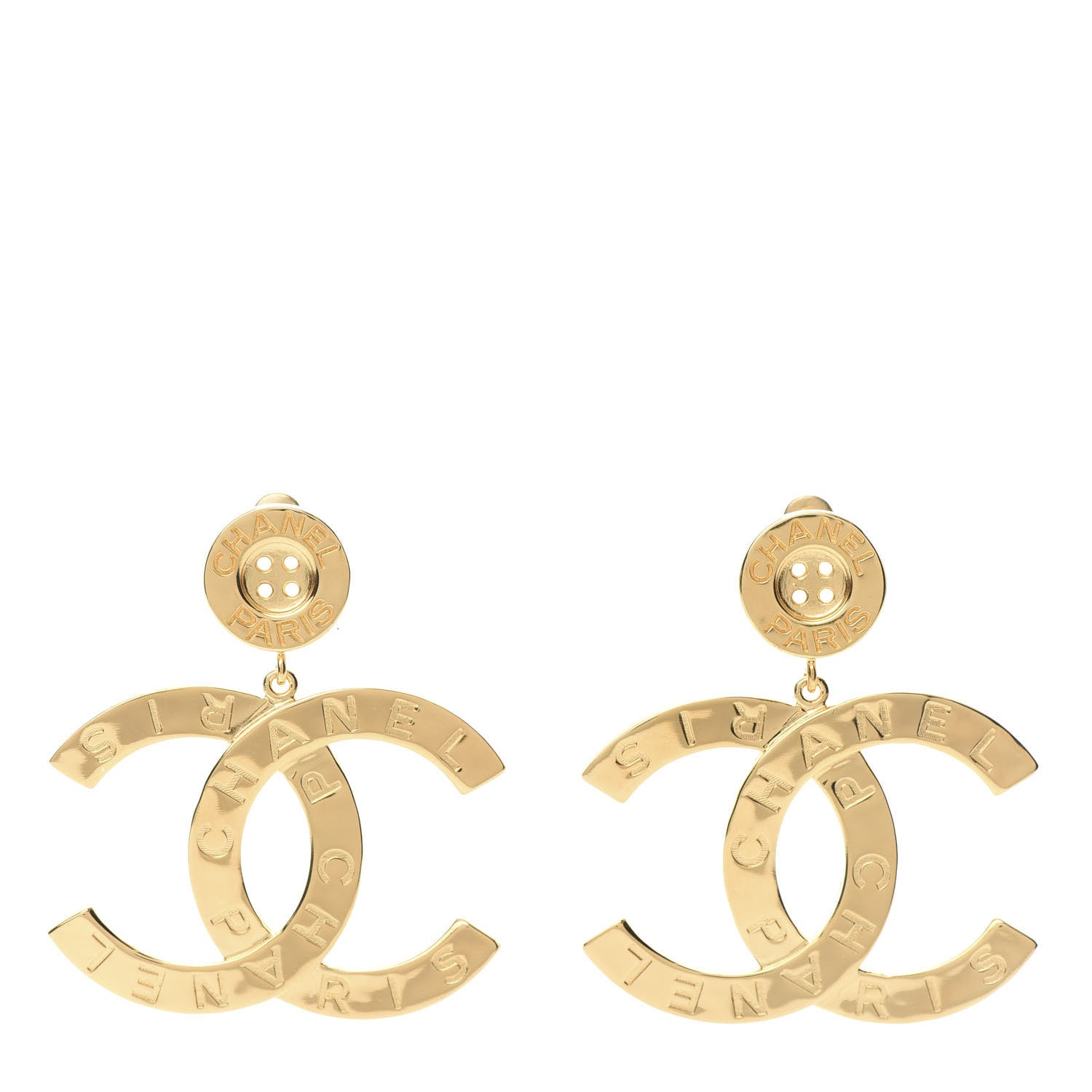 Chanel Metal Large Paris Button Earrings Gold 1 of 5