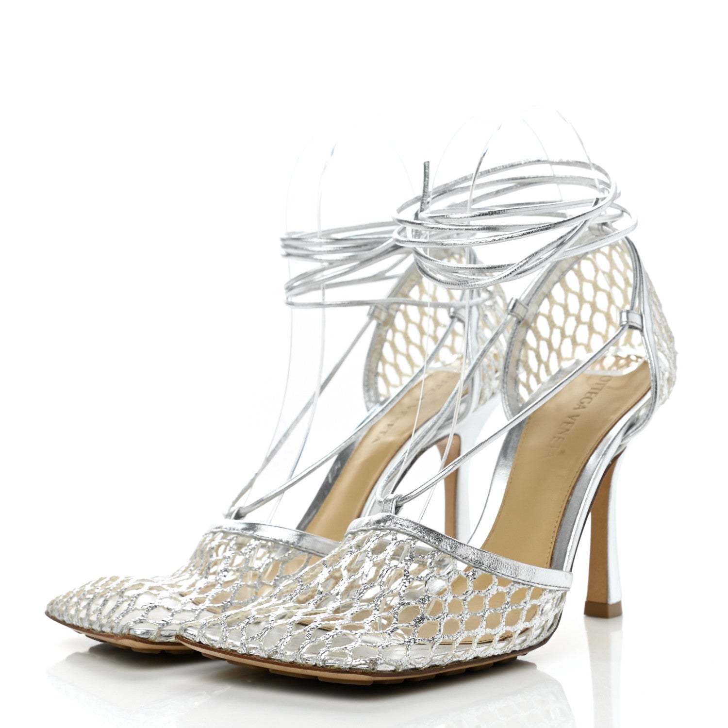 Bottega Veneta Mesh Metallic Nappa Stretch Ankle Tie Sandals 37 Silver 3 of 7