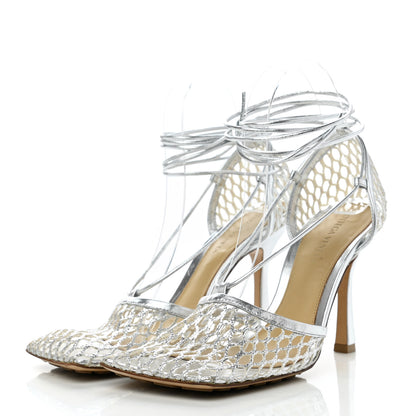 Bottega Veneta Mesh Metallic Nappa Stretch Ankle Tie Sandals 37 Silver 3 of 7