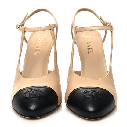 Chanel Lambskin Cap Toe CC Slingback Pumps 41.5 Beige Black 2 of 9