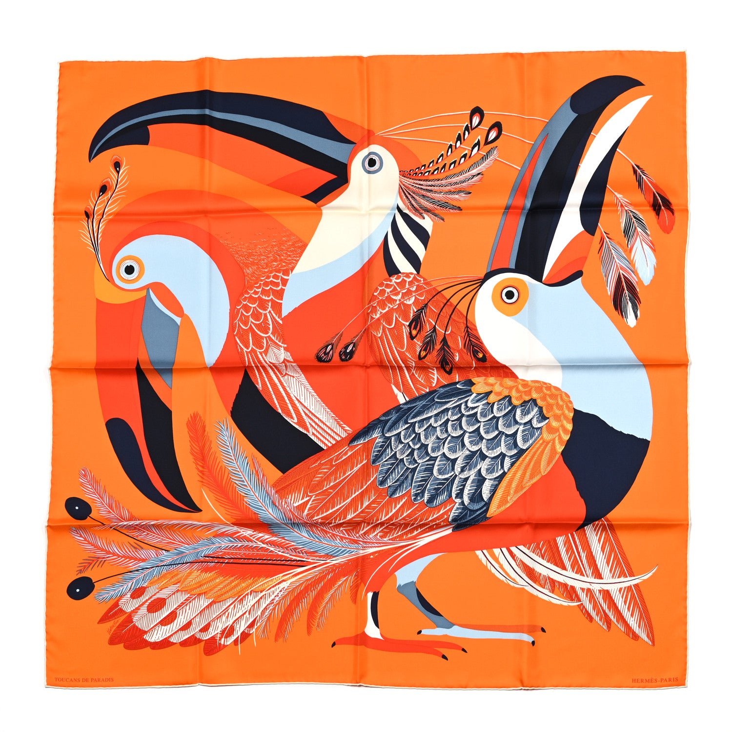 Hermes Silk Toucans De Paradis Scarf 90 Orange Marine Ciel 1 of 6