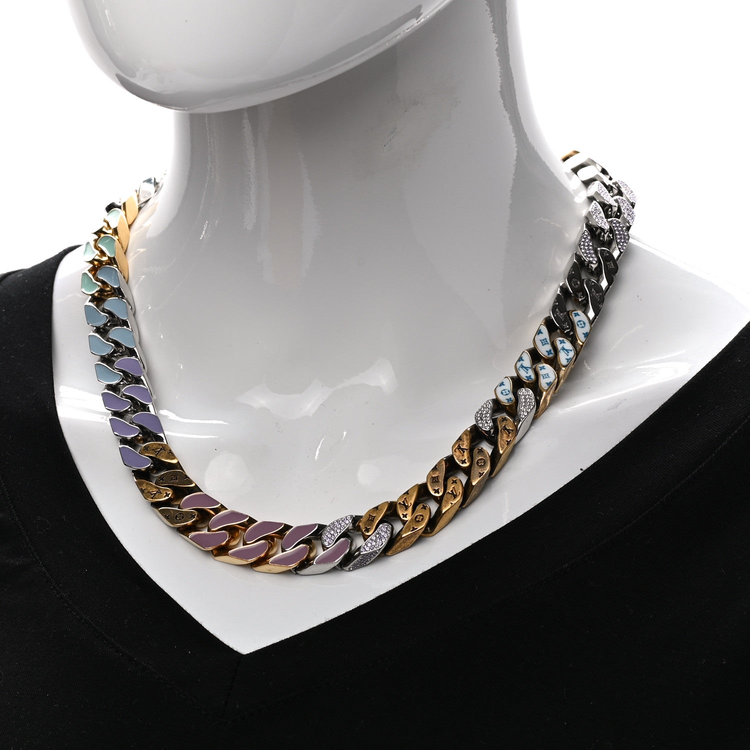 Louis Vuitton Metal Enamel Crystal Soapy Chain Necklace Silver Gold 2 of 7