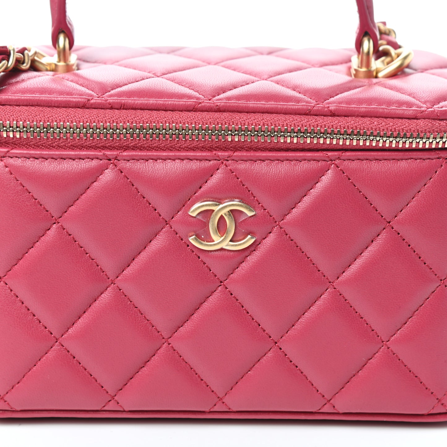 Lambskin Quilted Small Top Handle Vanity Case With Chain Dark Pink