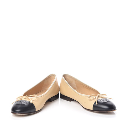 Chanel Lambskin Cap Toe CC Ballerina Flats 37 Beige Black 6 of 13