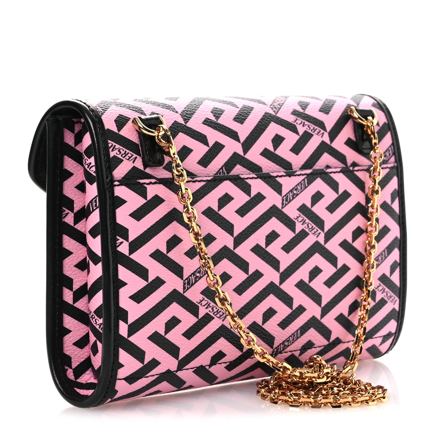 Versace Coated Canvas La Greca Signature Wallet On Chain Black Pink 3 of 12