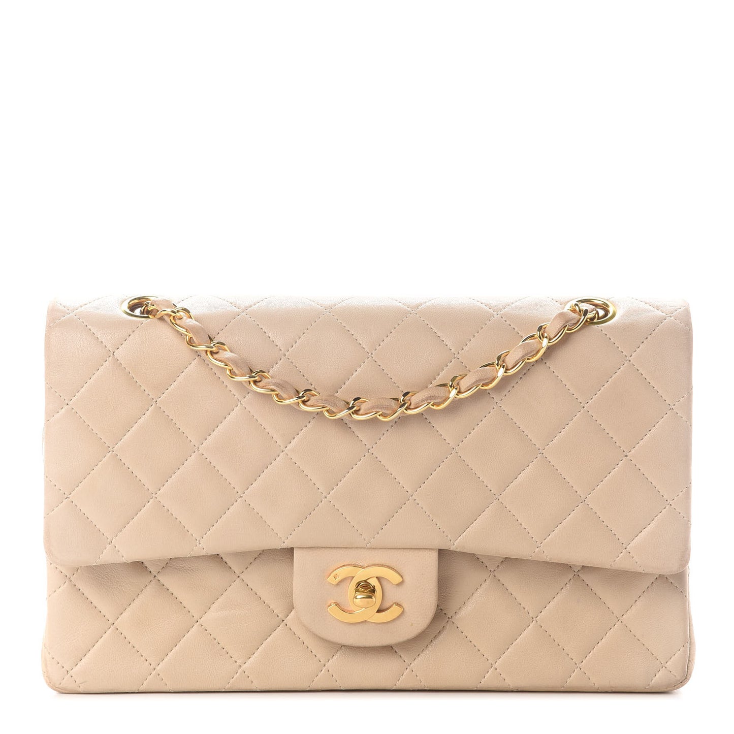 Lambskin Quilted Medium Double Flap Beige