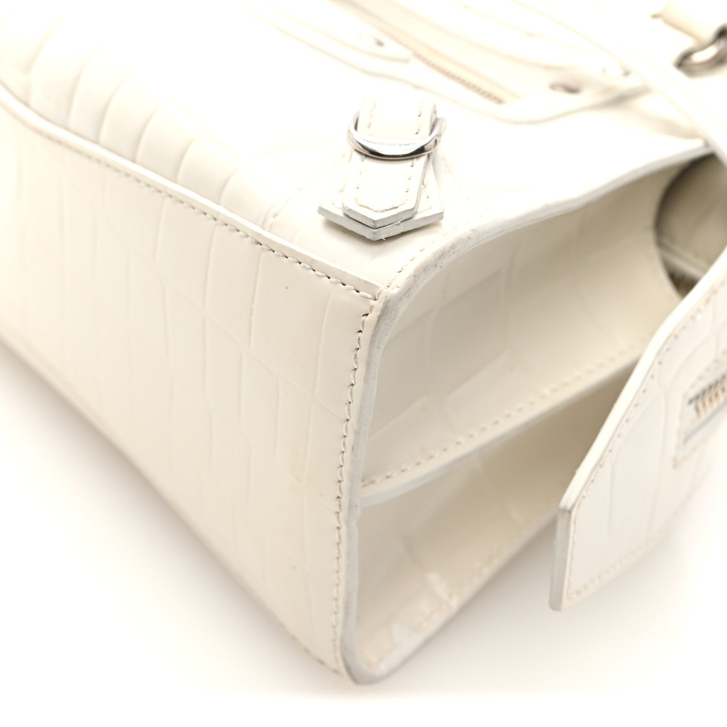 Balenciaga Semi Shiny Calfskin Crocodile Embossed Neo Classic Silver Hardware Mini City White 9 of 10