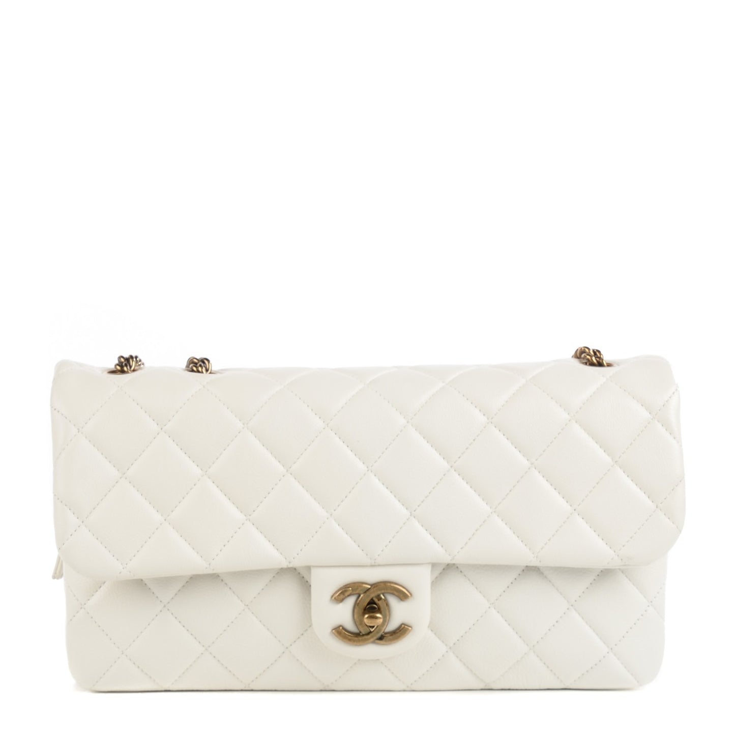 Calfskin Quilted Medium CC Crown Flap White