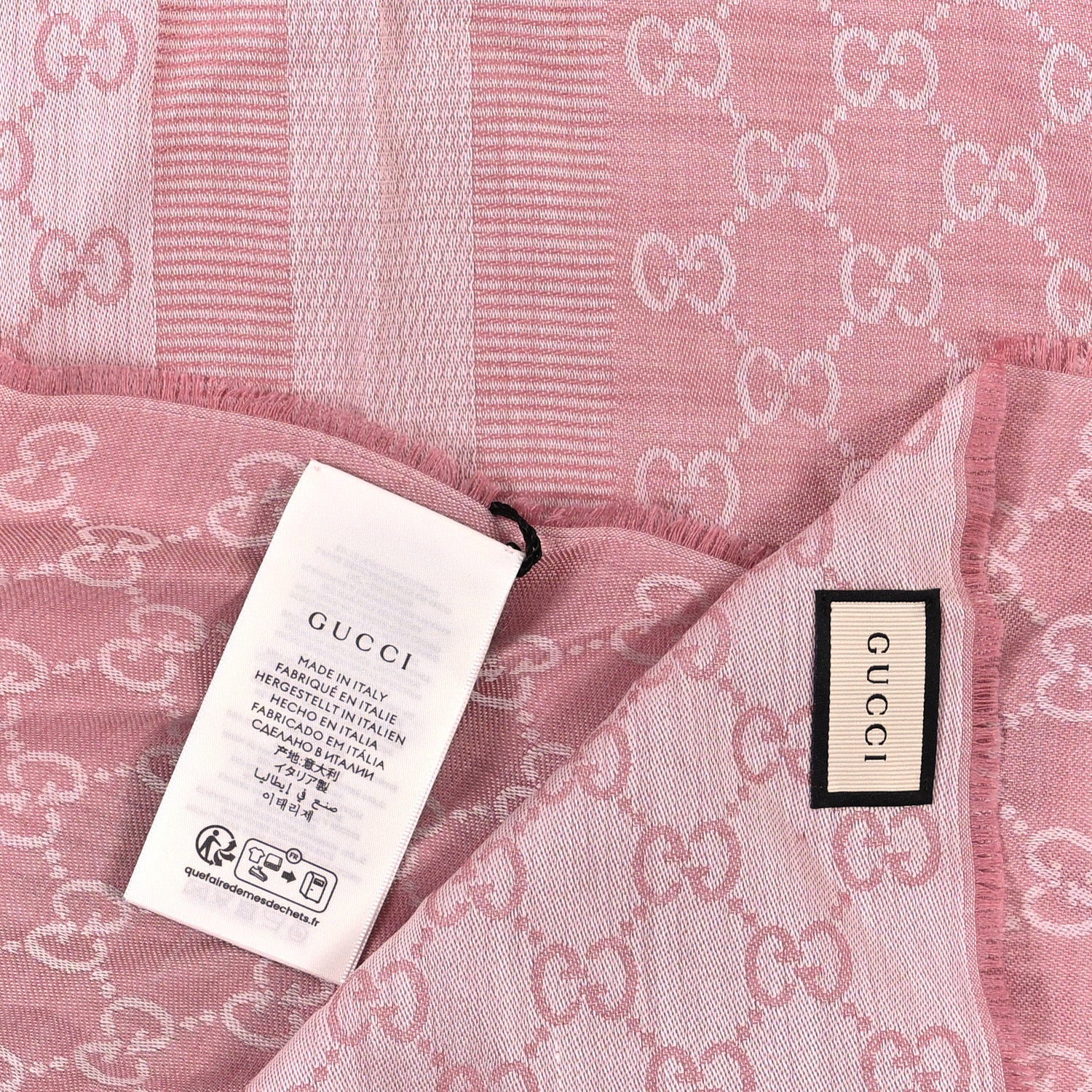 Gucci Wool Silk Monogram GGWeb Fringe Shawl Rose Ivory 3 of 3