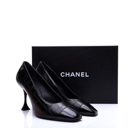 Chanel Crocodile Embossed Crumpled Patent Cap Toe Pumps 39.5 Black 13 of 13