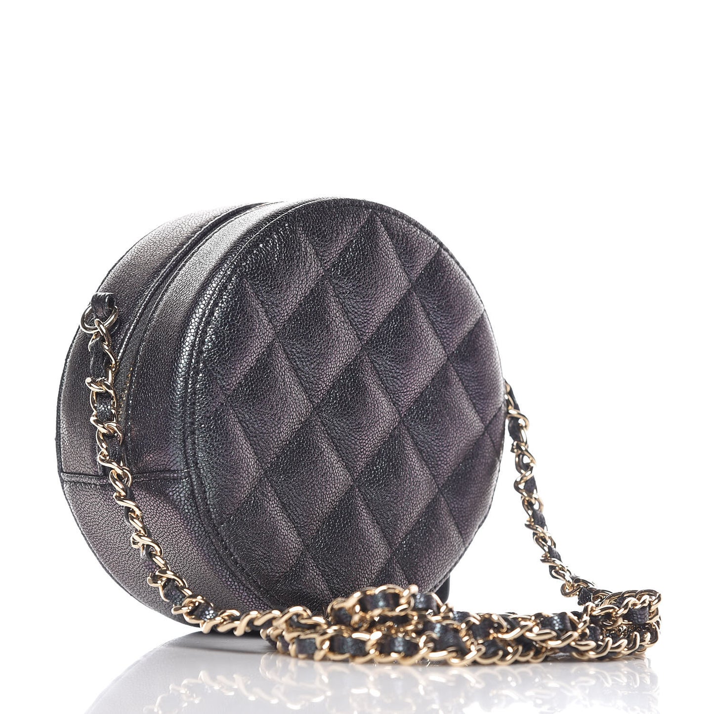 Iridescent Caviar Quilted Round Clutch With Chain Black