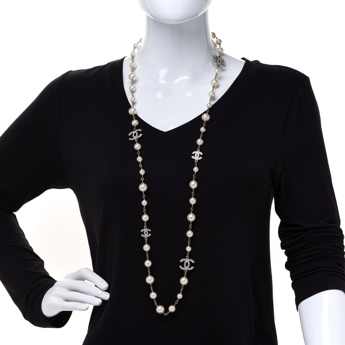 Graduated Pearl Crystal CC Long Necklace Silver