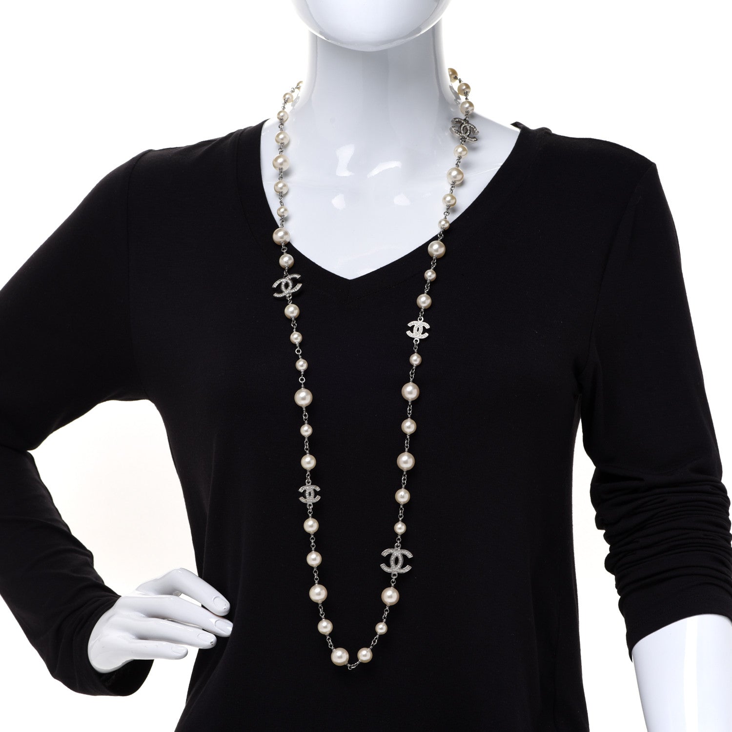 Chanel Graduated Pearl Crystal CC Long Necklace Silver 2 of 5