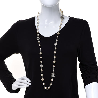 Chanel Graduated Pearl Crystal CC Long Necklace Silver 2 of 5