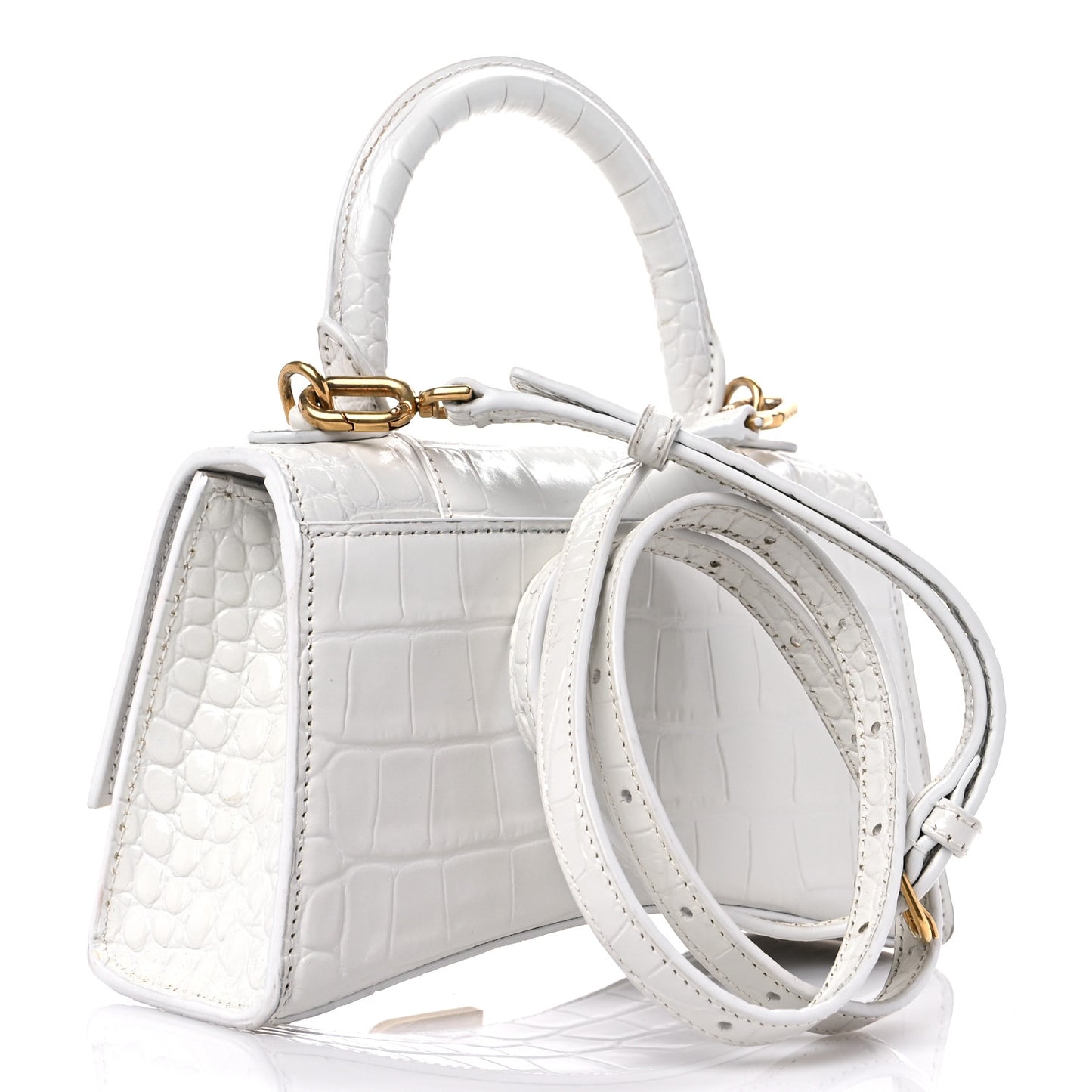 Shiny Calfskin Crocodile Embossed Hourglass Top Handle Bag XS White