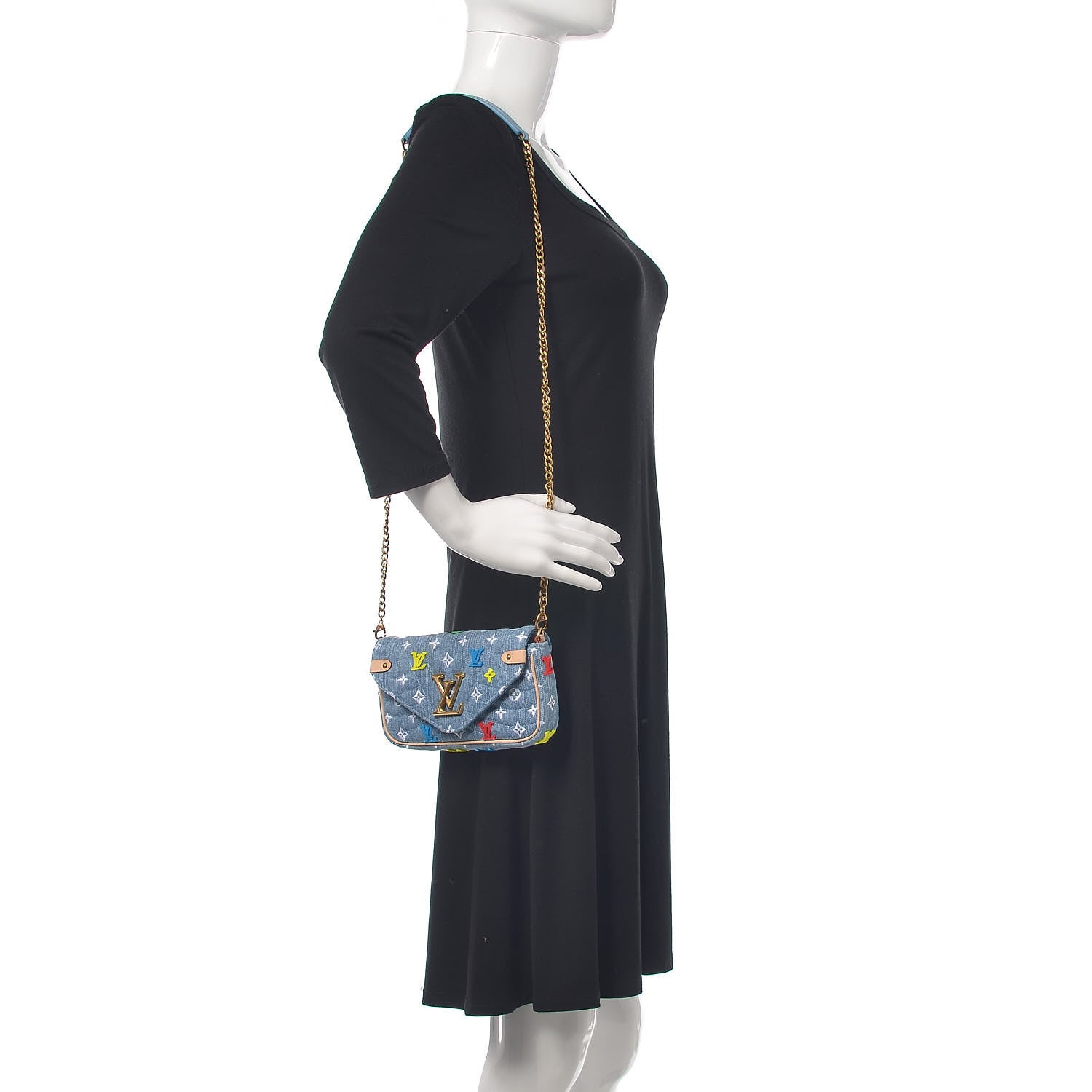 Louis Vuitton Embroidered Monogram Denim New Wave Chain Pochette Blue 2 of 13