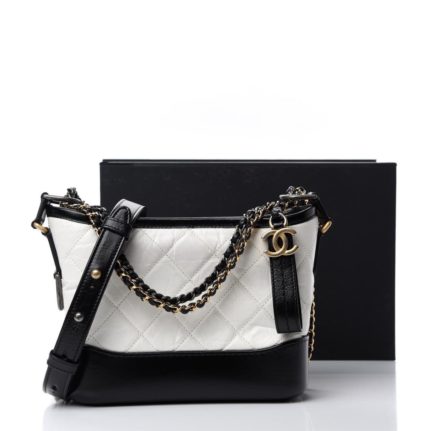 Aged Calfskin Quilted Small Gabrielle Hobo Black White