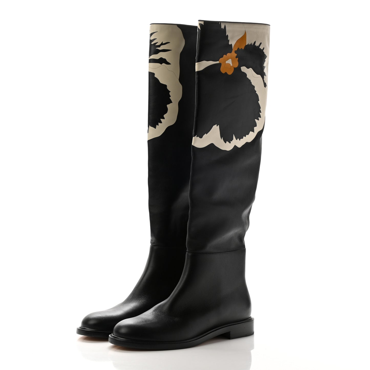 Calfskin Floral Print Knee High Flat Boots 39.5 Black