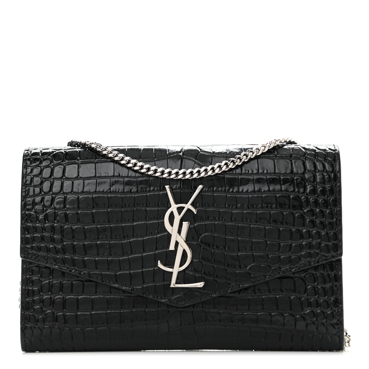 Saint Laurent Calfskin Crocodile Embossed Monogram Uptown Chain Wallet Black 1 of 10
