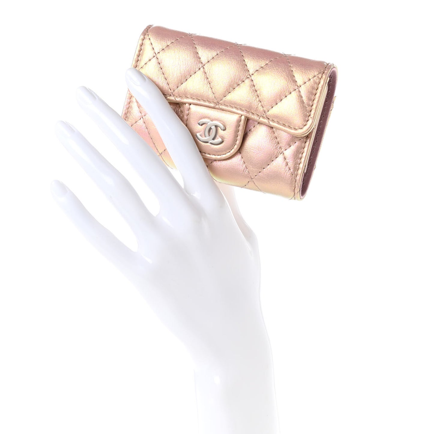 Iridescent Calfskin Quilted Classic 4 Key Holder Wallet Pink