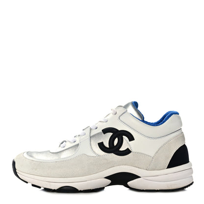 Chanel Calfskin Fabric Sneakers 37 White Silver Fluo Blue 1 of 10