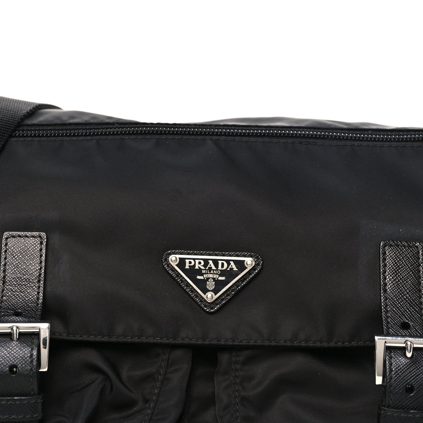 Tessuto Nylon Saffiano Double Buckle Messenger Shoulder Bag Black
