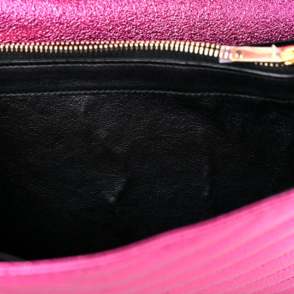 Saint Laurent Metallic Crackled Calfskin Matelasse Chevron Monogram Chain Wallet Fuchsia 10 of 16