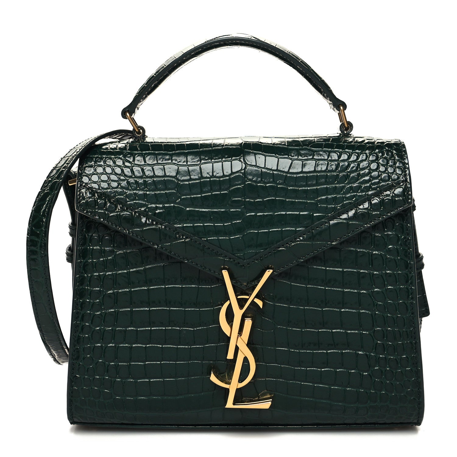 Saint Laurent Calfskin Crocodile Embossed Mini Classic Monogram Cassandra Top Handle Green 1 of 9