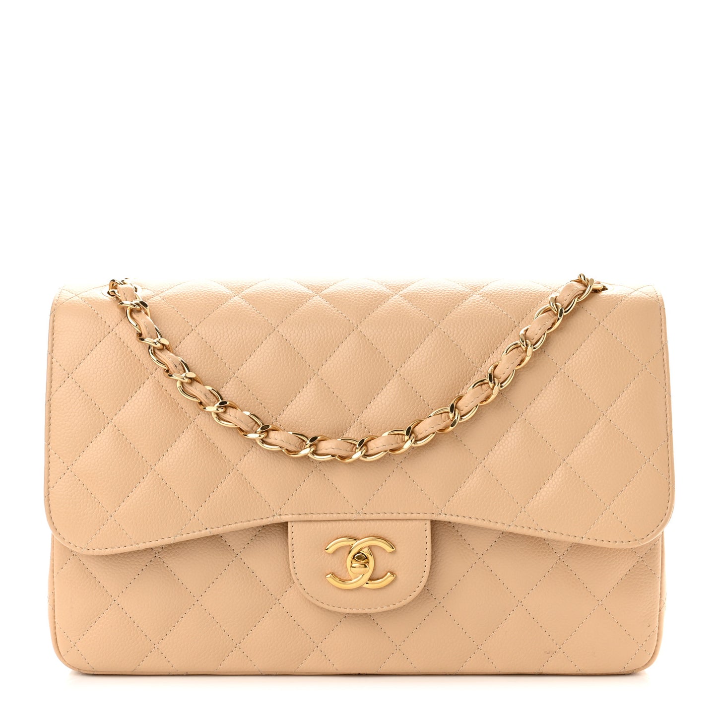 Caviar Quilted Jumbo Double Flap Beige Clair