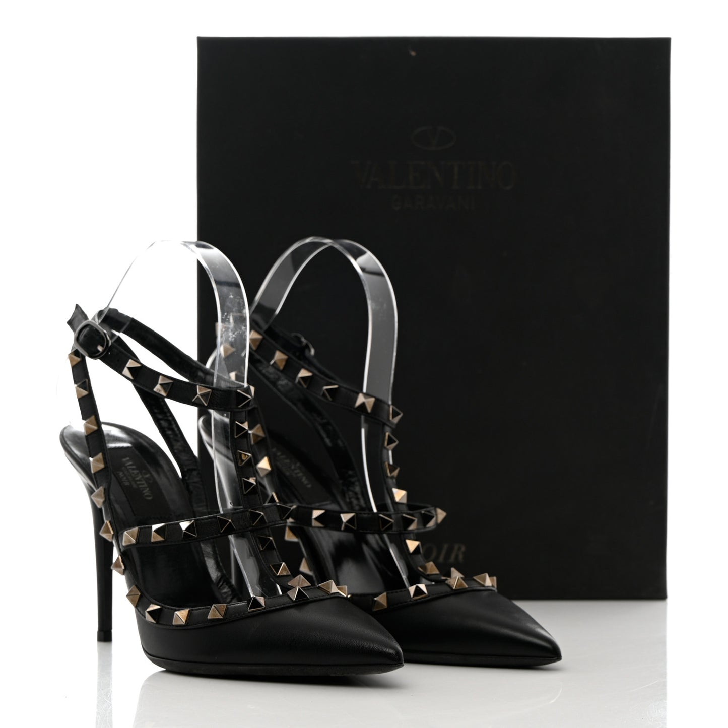 Calfskin Nappa Rockstud Ankle Strap 100mm Pumps 37.5 Black