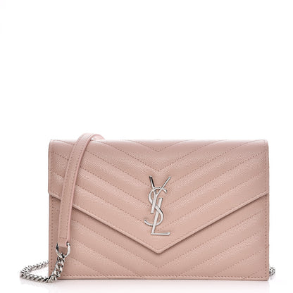 Saint Laurent Grain De Poudre Matelasse Chevron Monogram Envelope Chain Wallet Pale Pink 1 of 7