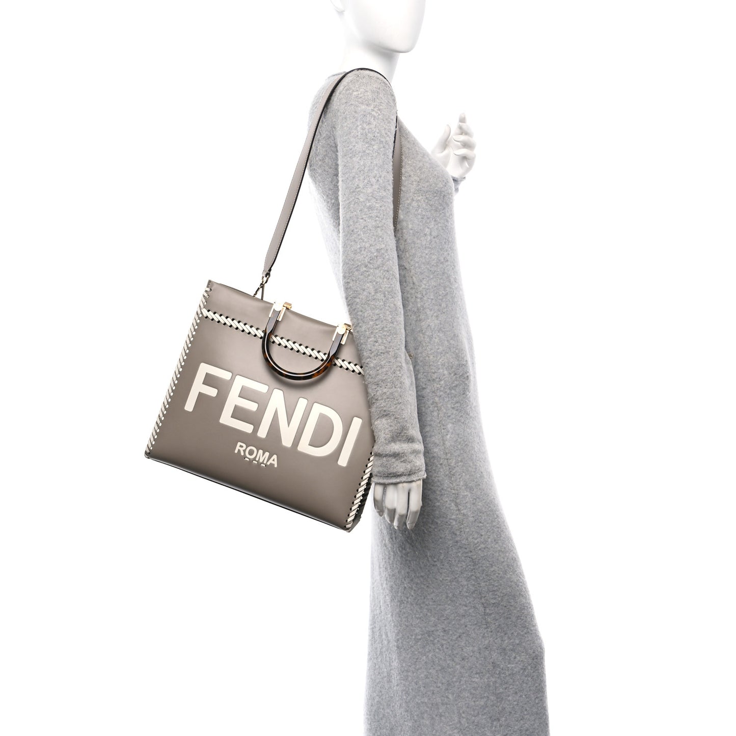 Vitello King Ceylon Plexiglass Woven Logo Debossed Medium Fendi Sunshine Shopper Tote Tortora