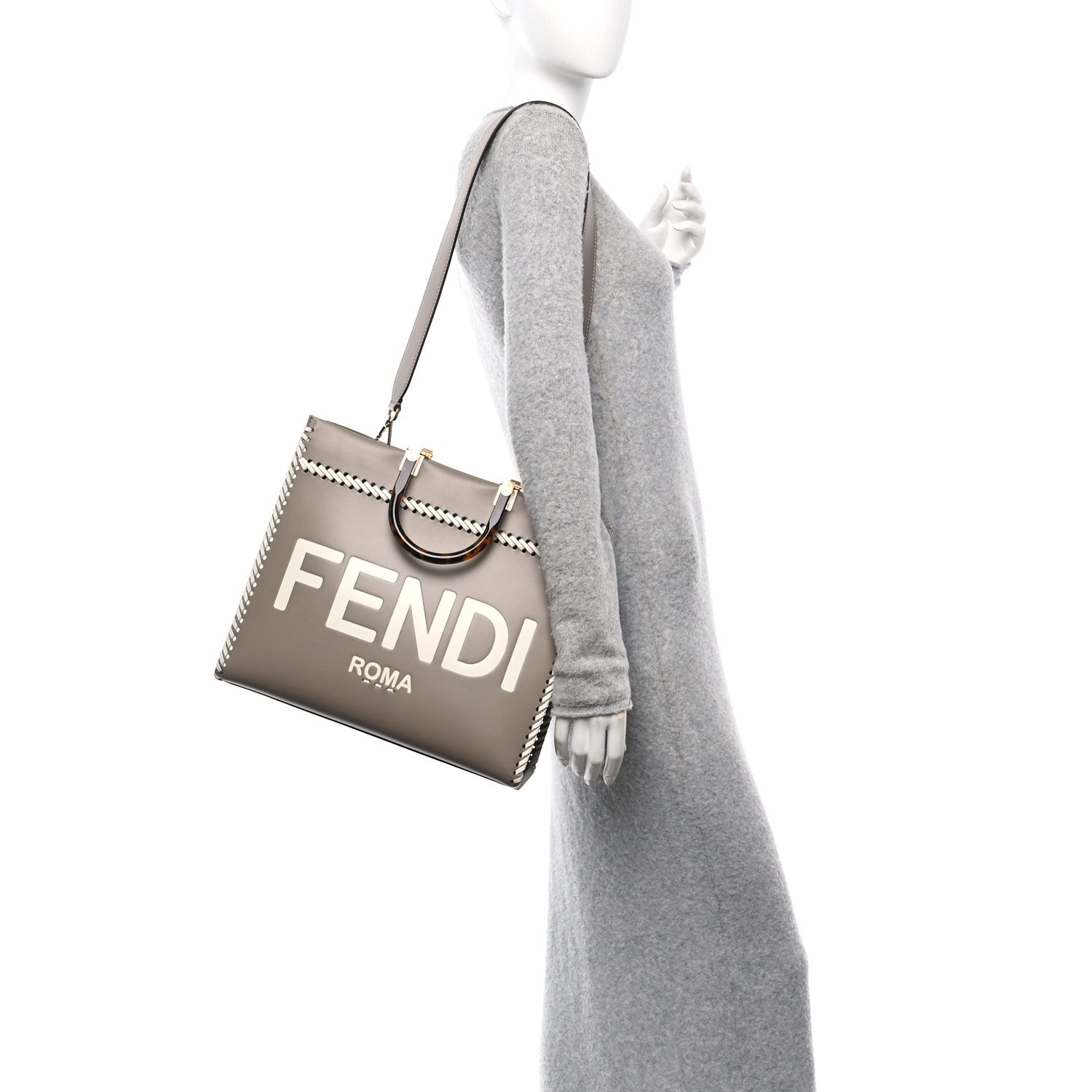 Fendi Vitello King Ceylon Plexiglass Woven Logo Debossed Medium Fendi Sunshine Shopper Tote Tortora 2 of 9