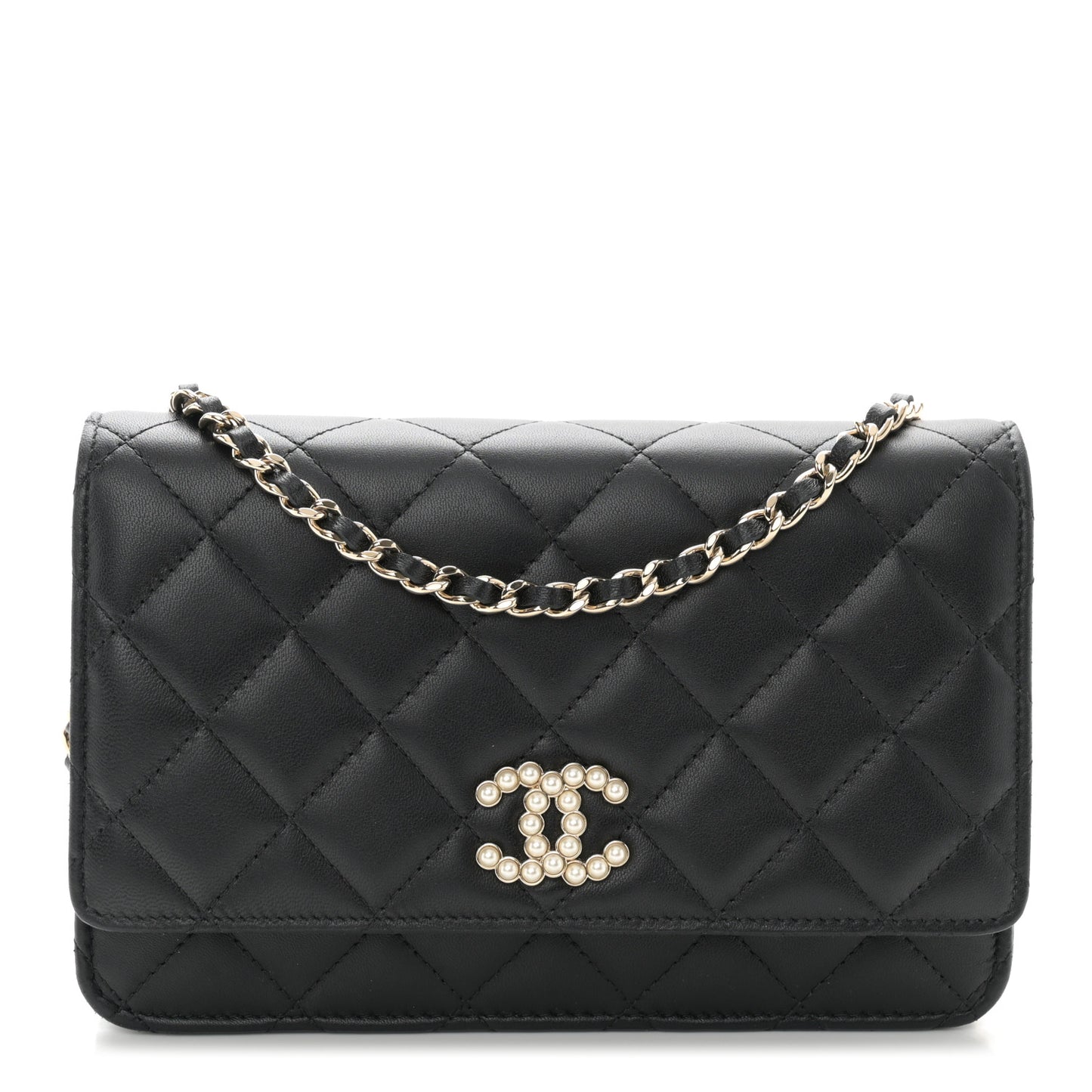 Lambskin Quilted Pearl CC Wallet on Chain WOC Black