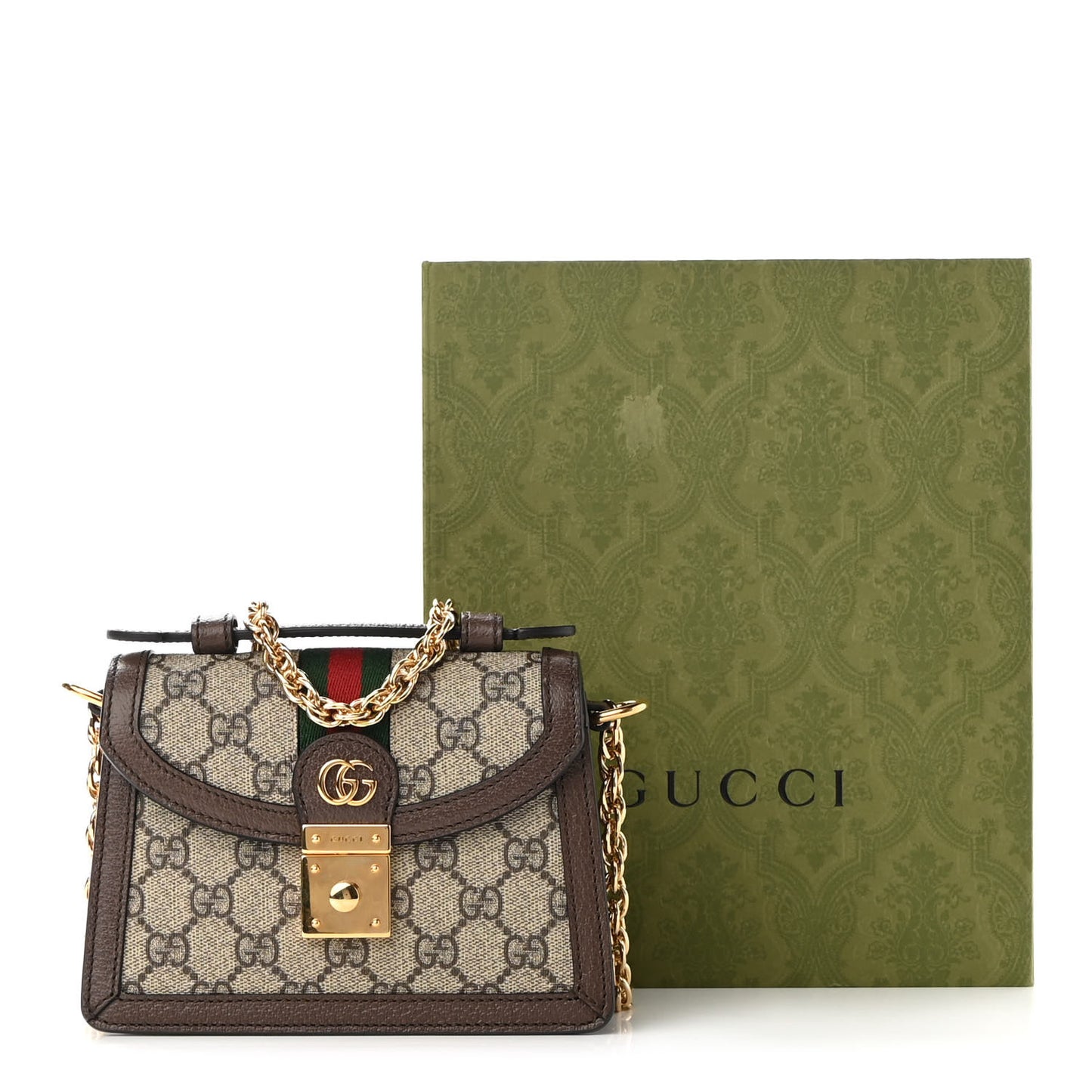 GG Supreme Monogram Textured Dollar Calfskin Web Mini Ophidia Padlock Top Handle Chain Shoulder Bag Beige Ebony New Acero