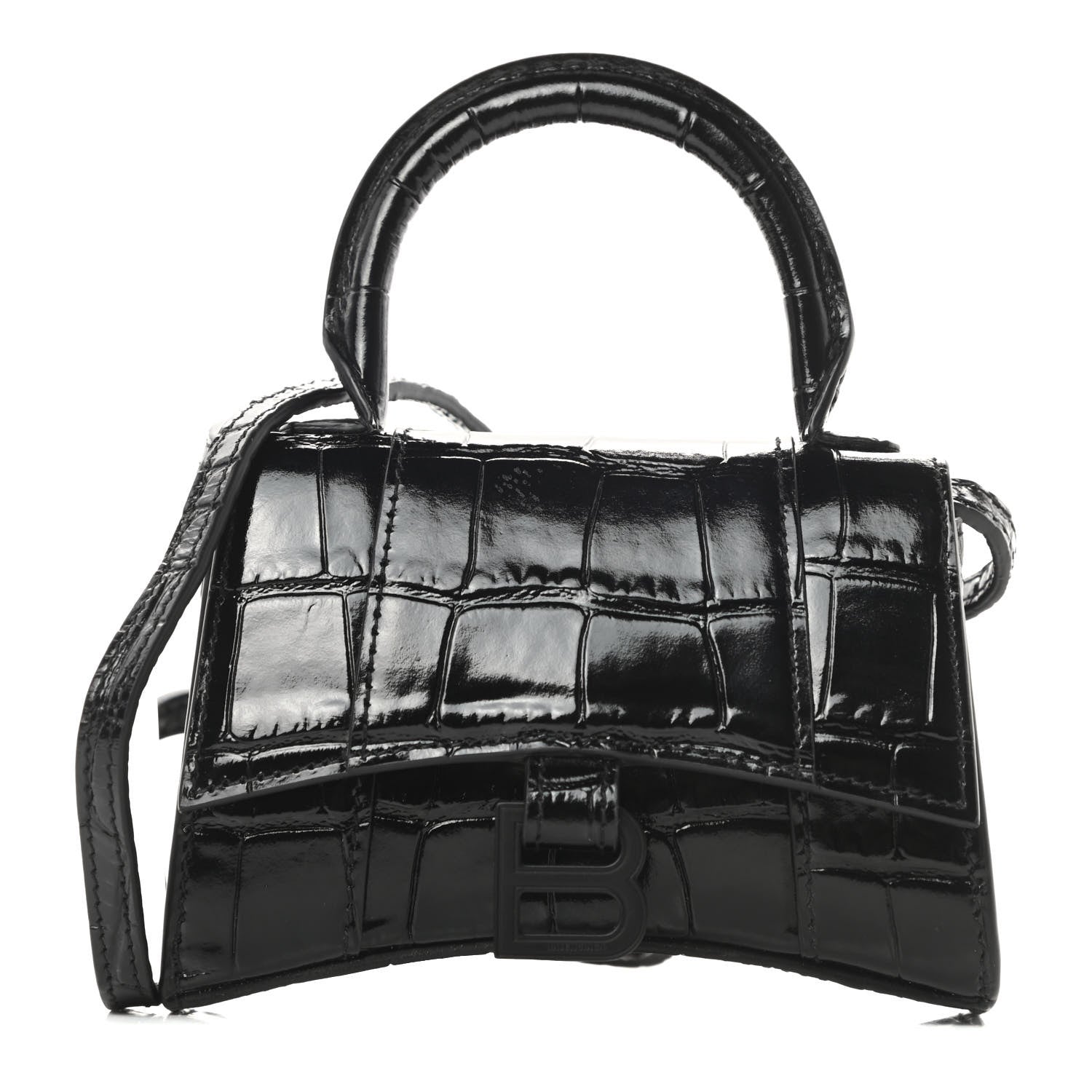 Balenciaga Shiny Calfskin Monochrome Crocodile Embossed Hourglass Top Handle Bag Mini Black 1 of 12