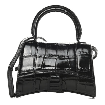 Balenciaga Shiny Calfskin Monochrome Crocodile Embossed Hourglass Top Handle Bag Mini Black 1 of 12