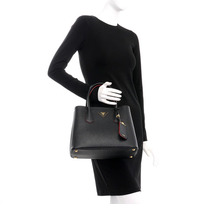 Prada Saffiano Cuir Small Double Bag Black Fuoco 2 of 13