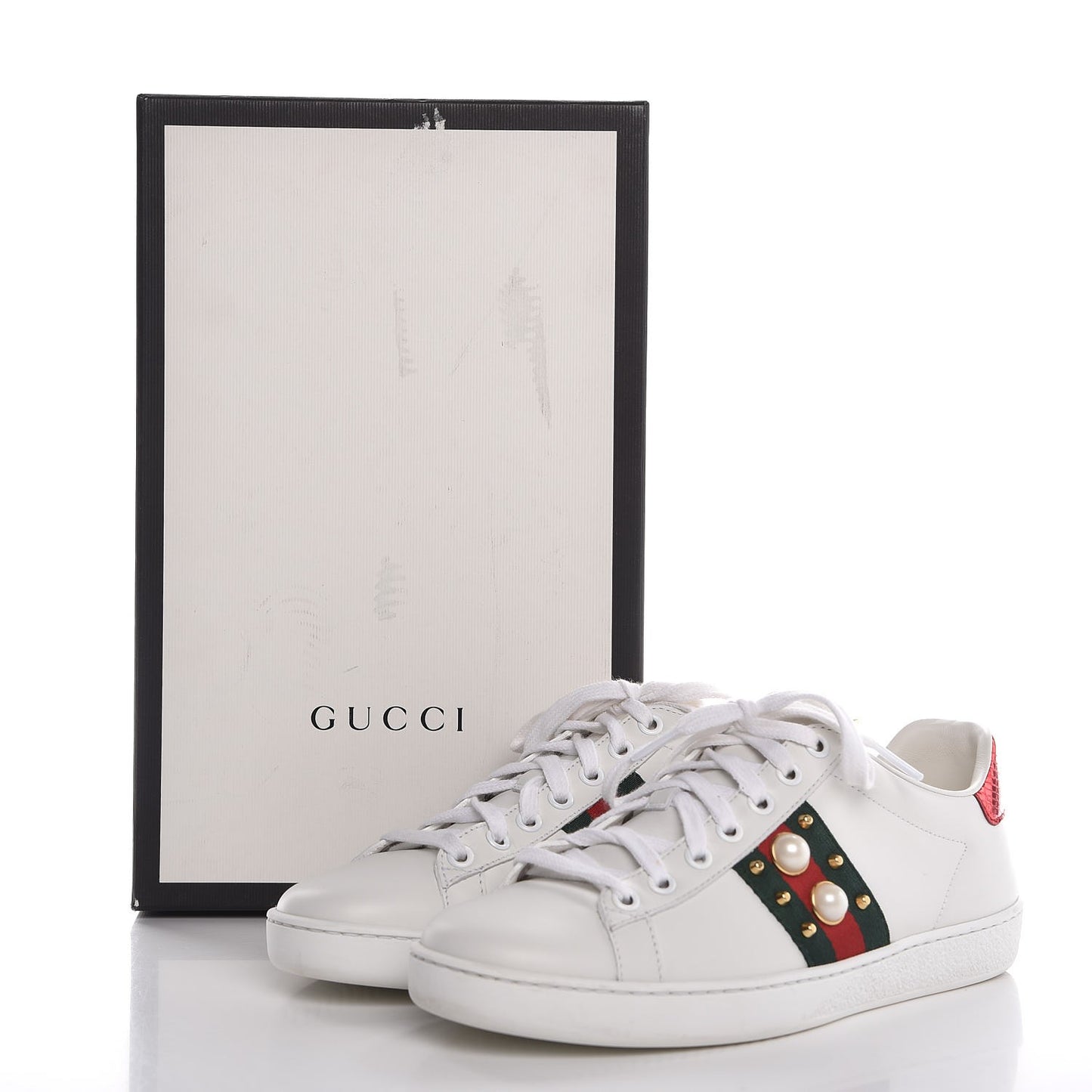 Calfskin Web Pearl Studded Ace Sneakers 36.5 White