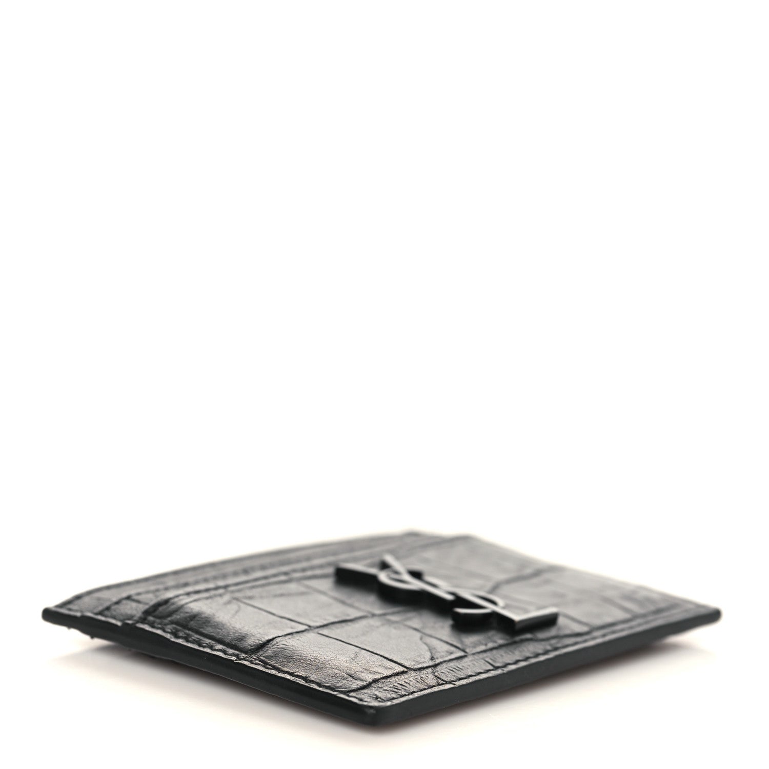Saint Laurent Calfskin Crocodile Embossed Monogram Credit Card Case Black 4 of 8