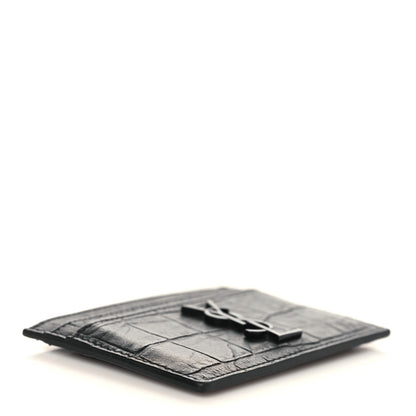 Saint Laurent Calfskin Crocodile Embossed Monogram Credit Card Case Black 4 of 8