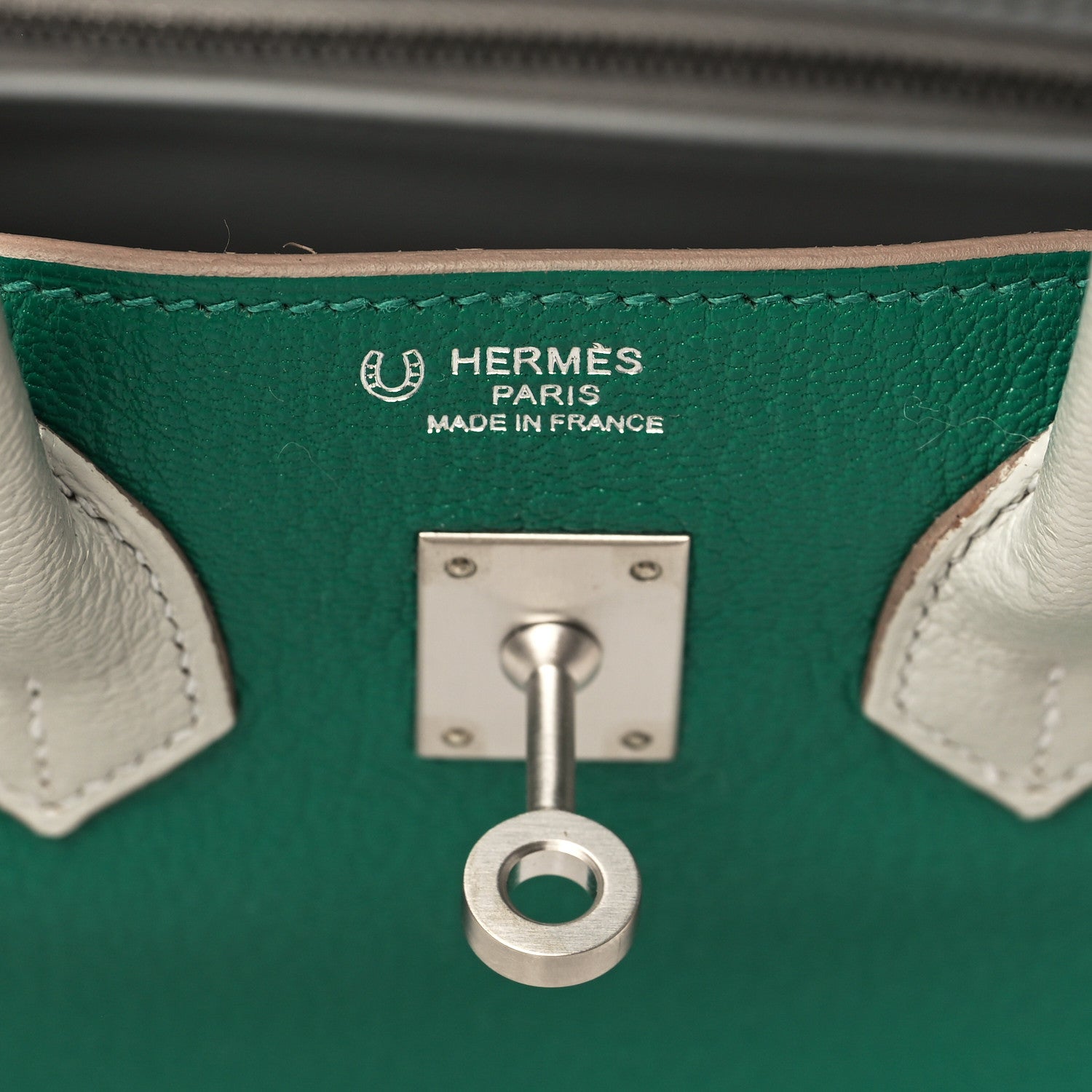 Hermes Chevre Mysore Horseshoe Birkin 25 Vert Vertigo Gris Perle 7 of 11