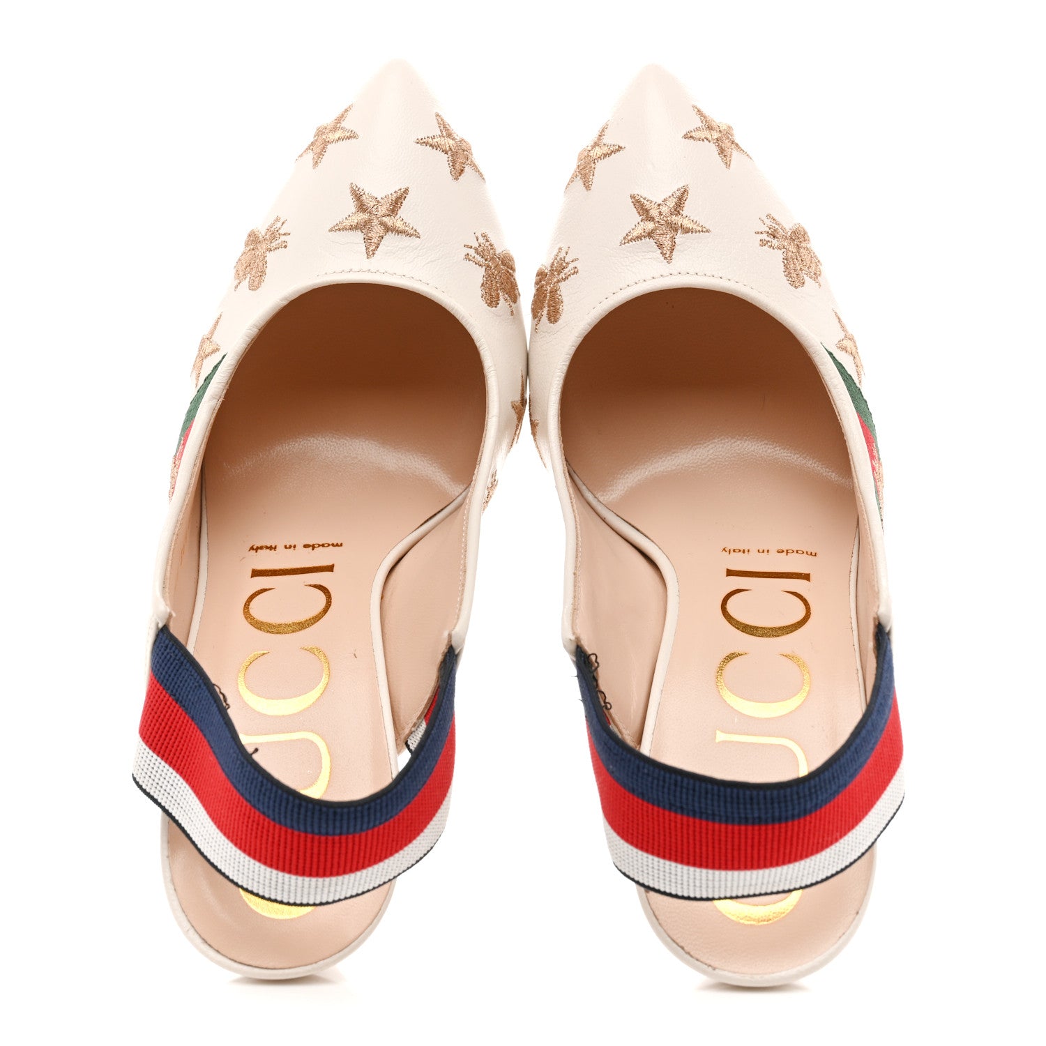 Gucci Malaga Kid Web Bee Star Embroidered Sylvie High Heel Slingback Pumps 36.5 White 2 of 13