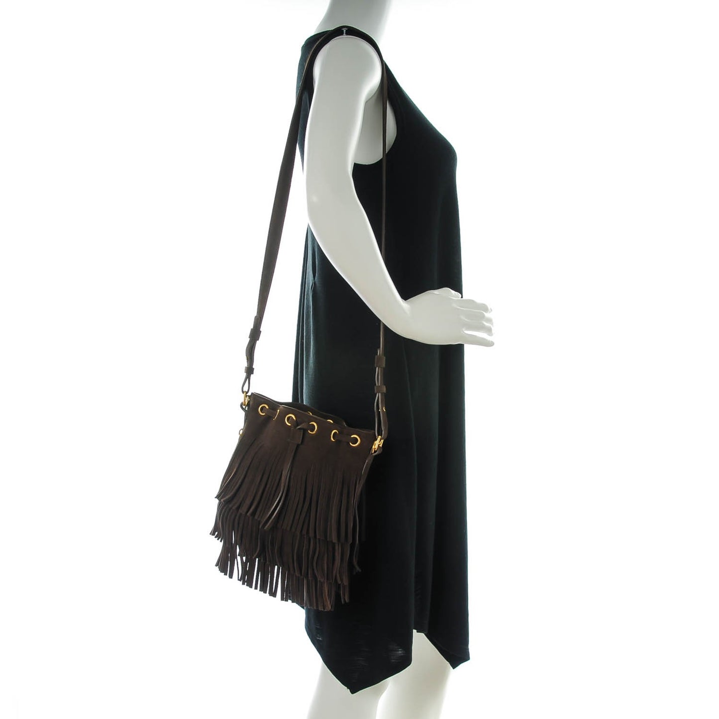Suede Calfskin Small Emmanuelle Fringe Bucket Bag Brown