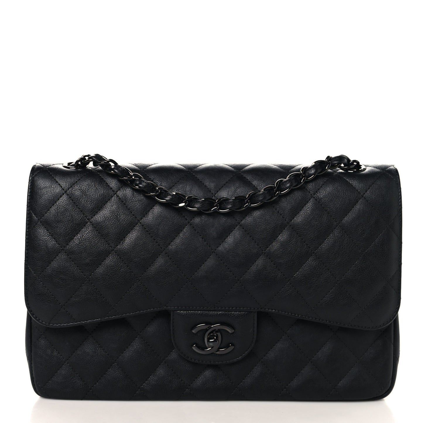 Crumpled Calfskin Quilted Jumbo Double Flap So Black