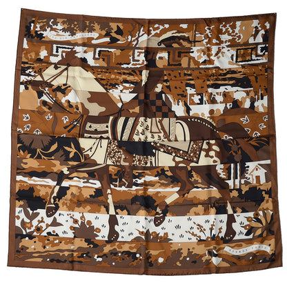 Hermes Silk Les Dix Cavaliers Scarf 90 Chocolate Beige Dore Blanc 2 of 6