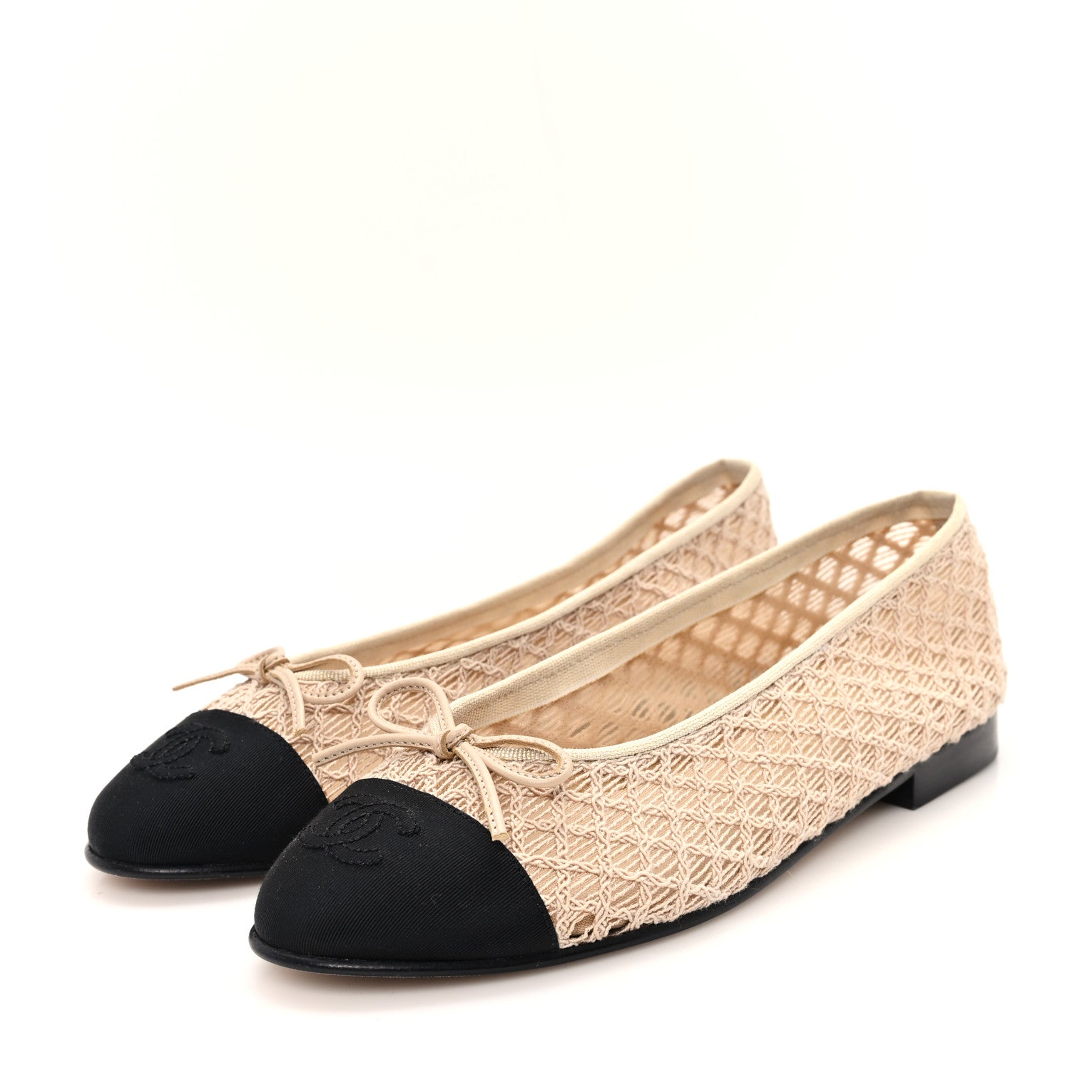 Chanel Mesh Crochet Grosgrain Cap Toe Ballerina Flats 38 Beige Black 4 of 9