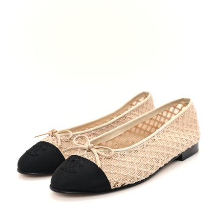 Chanel Mesh Crochet Grosgrain Cap Toe Ballerina Flats 38 Beige Black 4 of 9