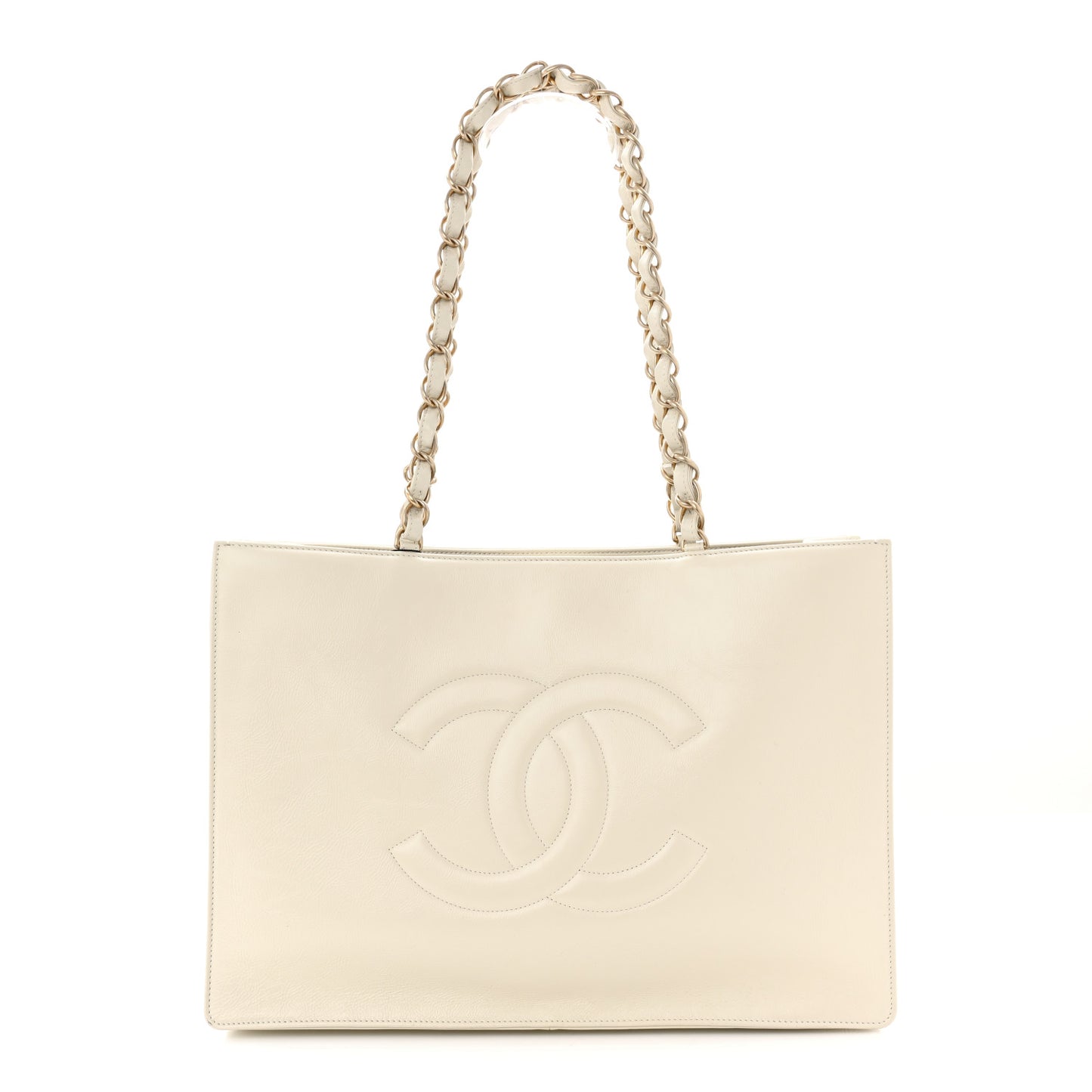 Shiny Aged Calfskin Shopping Bag White